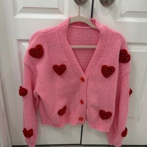 Amazon Pink Cardigan with Red Heart Accents